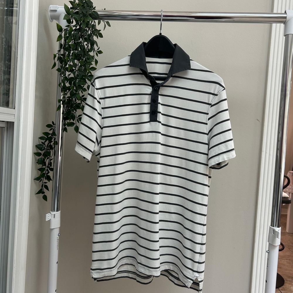 Gently Used Lululemon Mens Striped Short Sleeve Polo Shirt White Black B20048